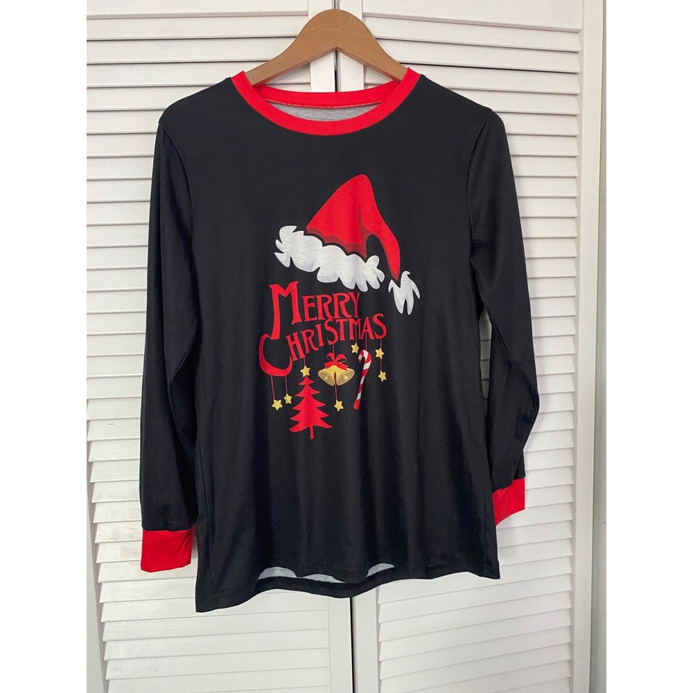 Merry Christmas Graphic Long Sleeve Tee Black Red Trim Holiday Shirt Small